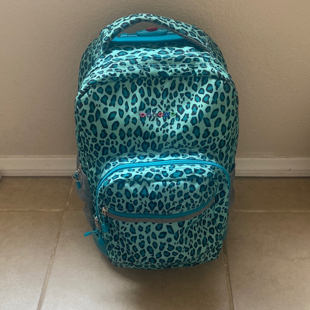 Teal cheetah rolling backpack - super cute